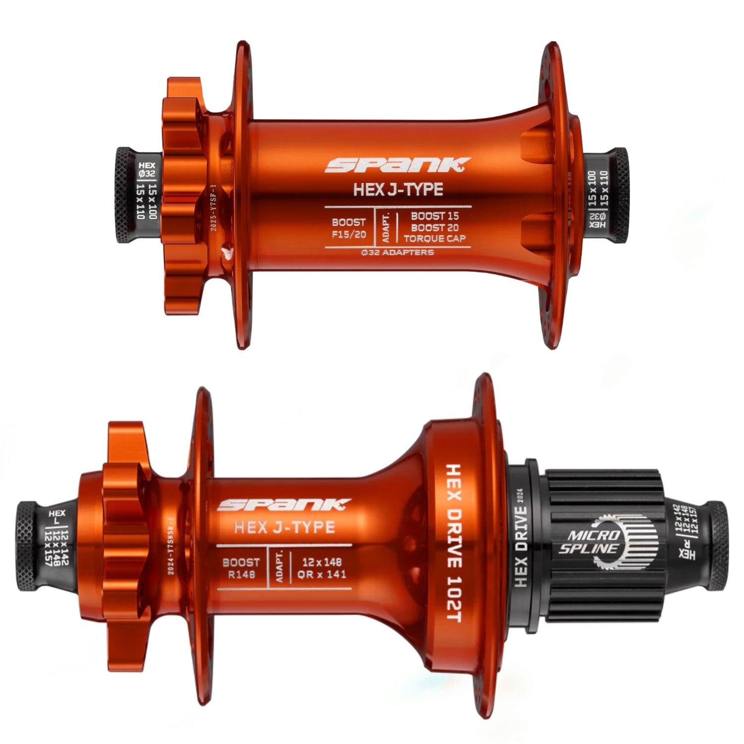 Par de mazas color Naranja Spank Hex J-Type F15/20 Front/ Boost R148 Rear 32H (No incluye Freehub)